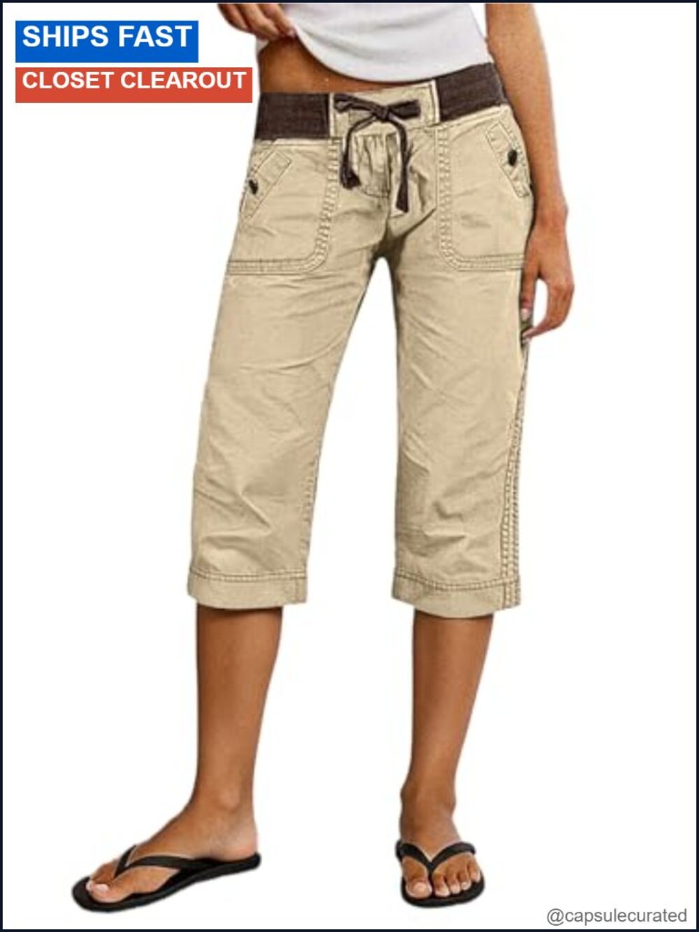 Flamingals Straight Leg High Waist Capri Drawstring Pants Cotton Spandex
